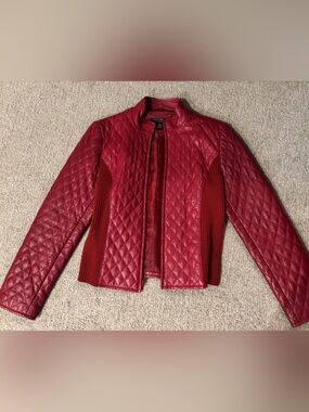 Quilted Red Leather Jacket - Women's Sleek Bomber Style